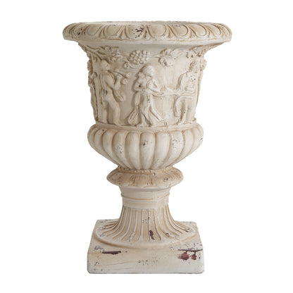 Garden urn antique white with figural relief and grape relief on pedestal, 27 in high on Tampa Home & Garden Store