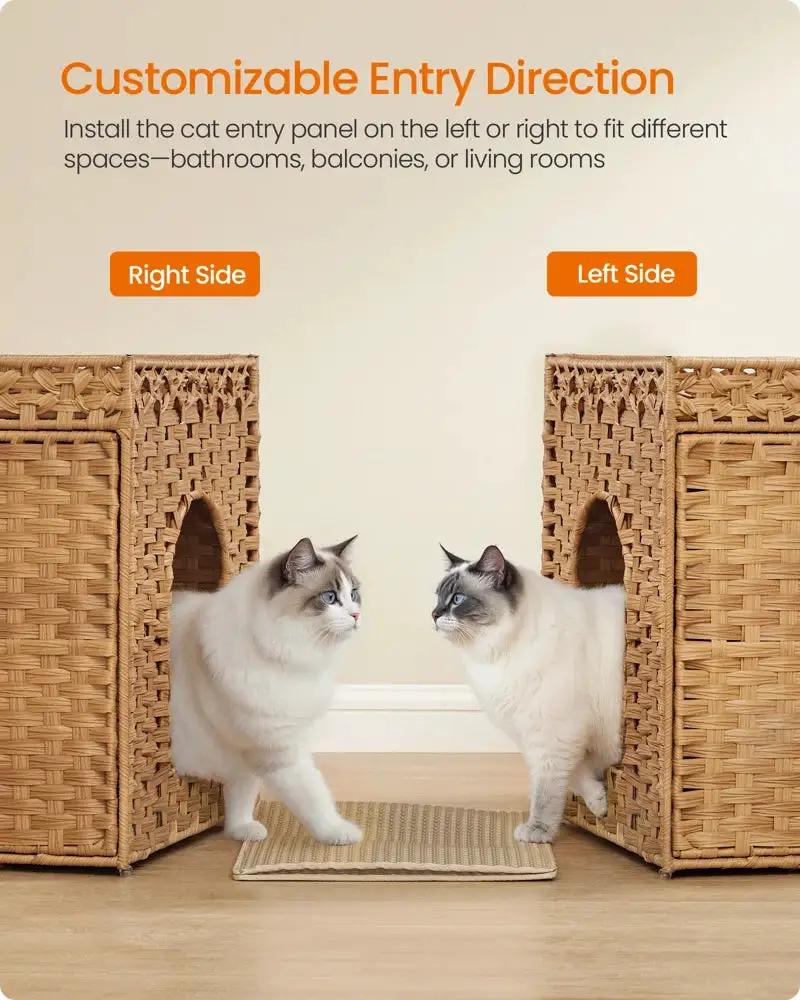 Handwoven rattan cat litter box cabinet with washable tray, two cats, The Max & Rex on Tampa Home & Garden Store
