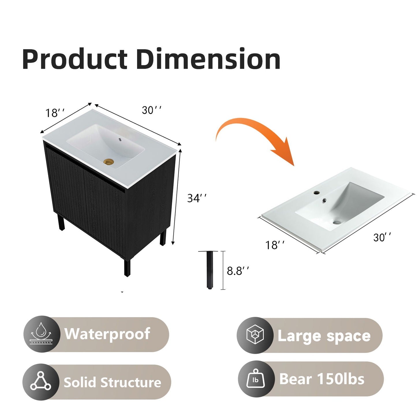 Bathroom vanity with ceramic sink, black cabinet, 30in W x 18in D on Tampa Home & Garden Store