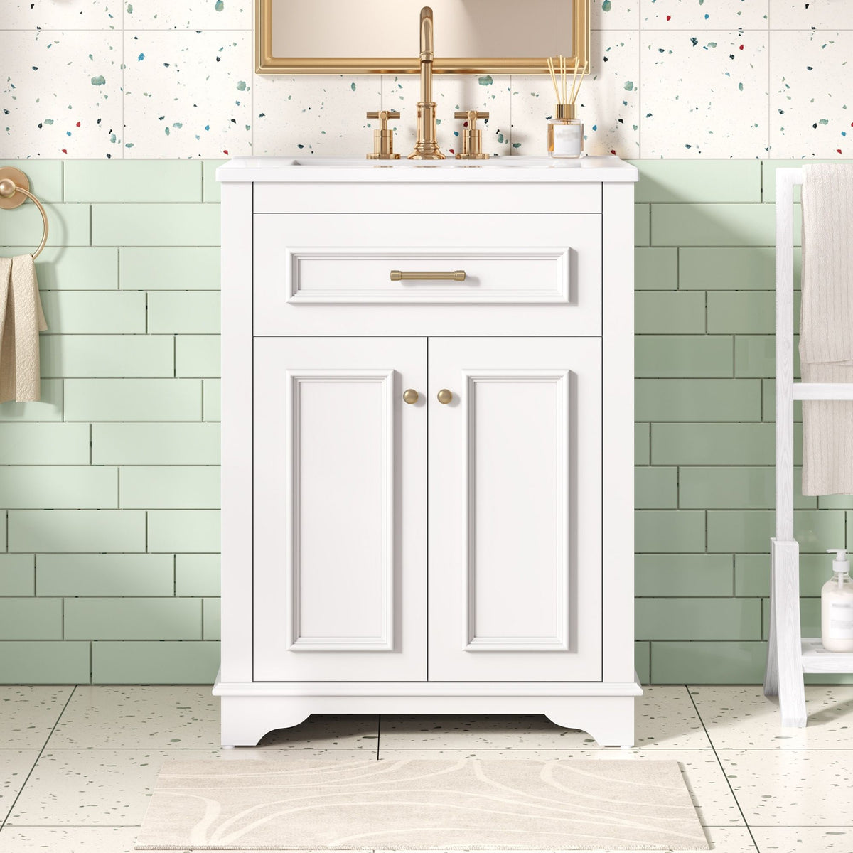 White bathroom vanity with integrated sink and gold hardware by HouseOfZazla on Tampa Home & Garden Store
