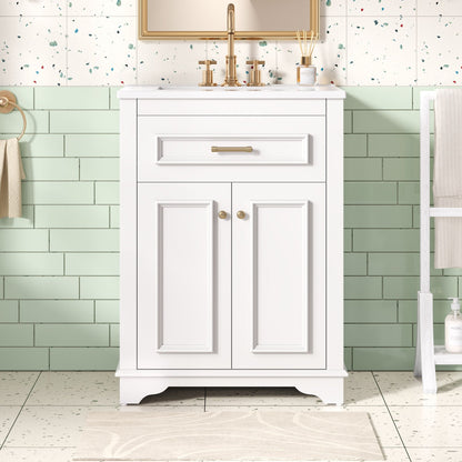 White bathroom vanity with integrated sink and gold hardware by HouseOfZazla on Tampa Home & Garden Store