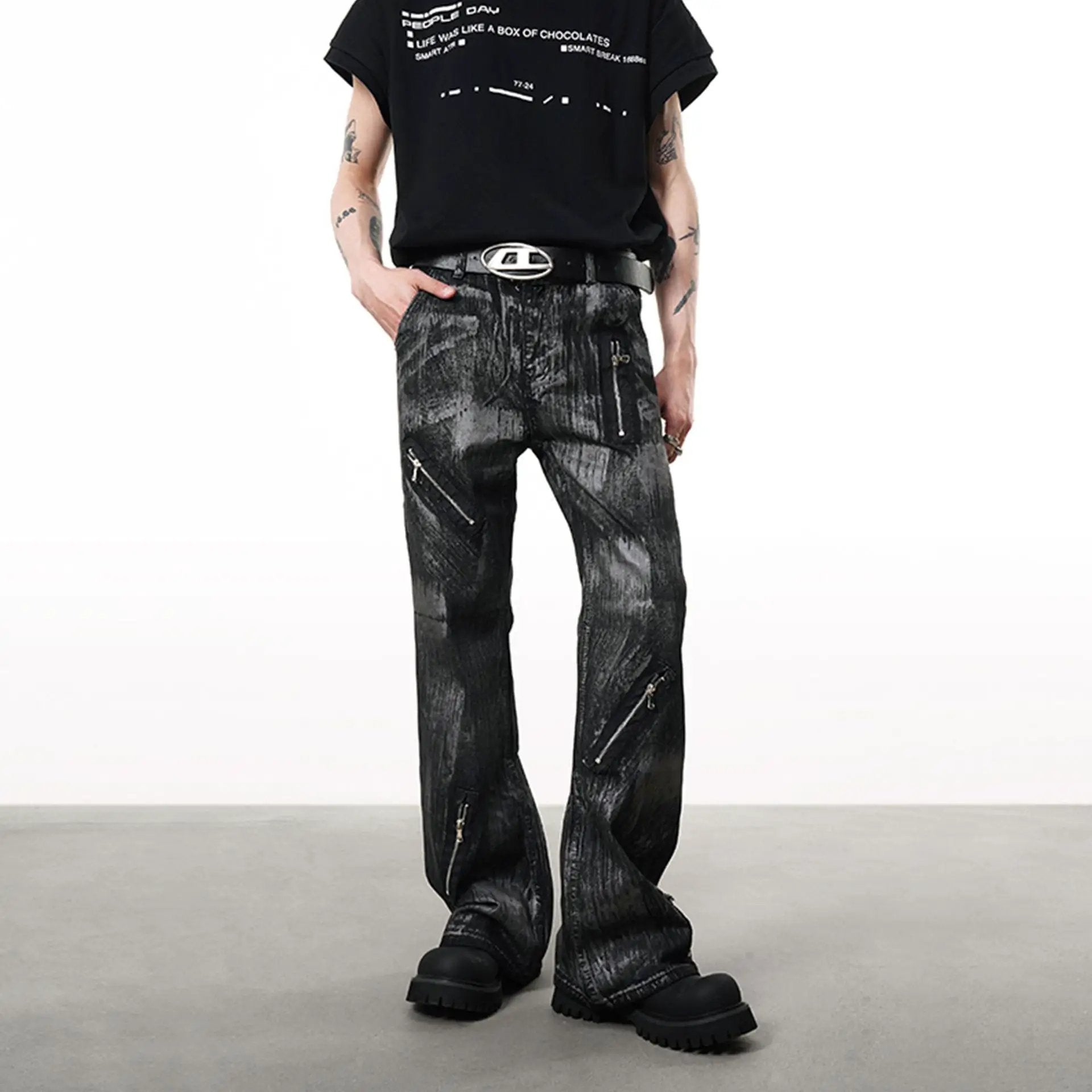 Retro wax-coated dirty dyed straight loose jeans, black finish, zip pockets, FLIPSTYLEZLLC on Tampa Home & Garden Store