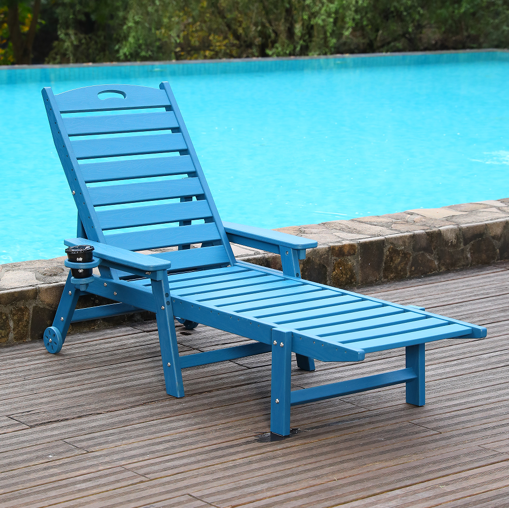 HDPE Chaise Lounge Chair by HouseOfZazla, blue chair with adjustable backrest on pool deck on Tampa Home & Garden Store