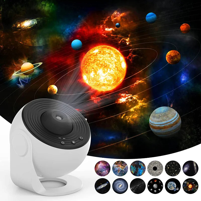 Night light galaxy projector with white round base projecting space scene 360° rotate on Tampa Home & Garden Store