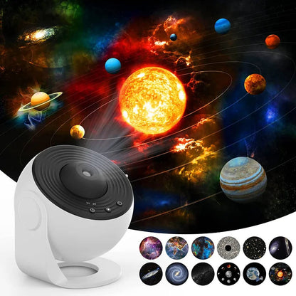 Night light galaxy projector with white round base projecting space scene 360° rotate on Tampa Home & Garden Store