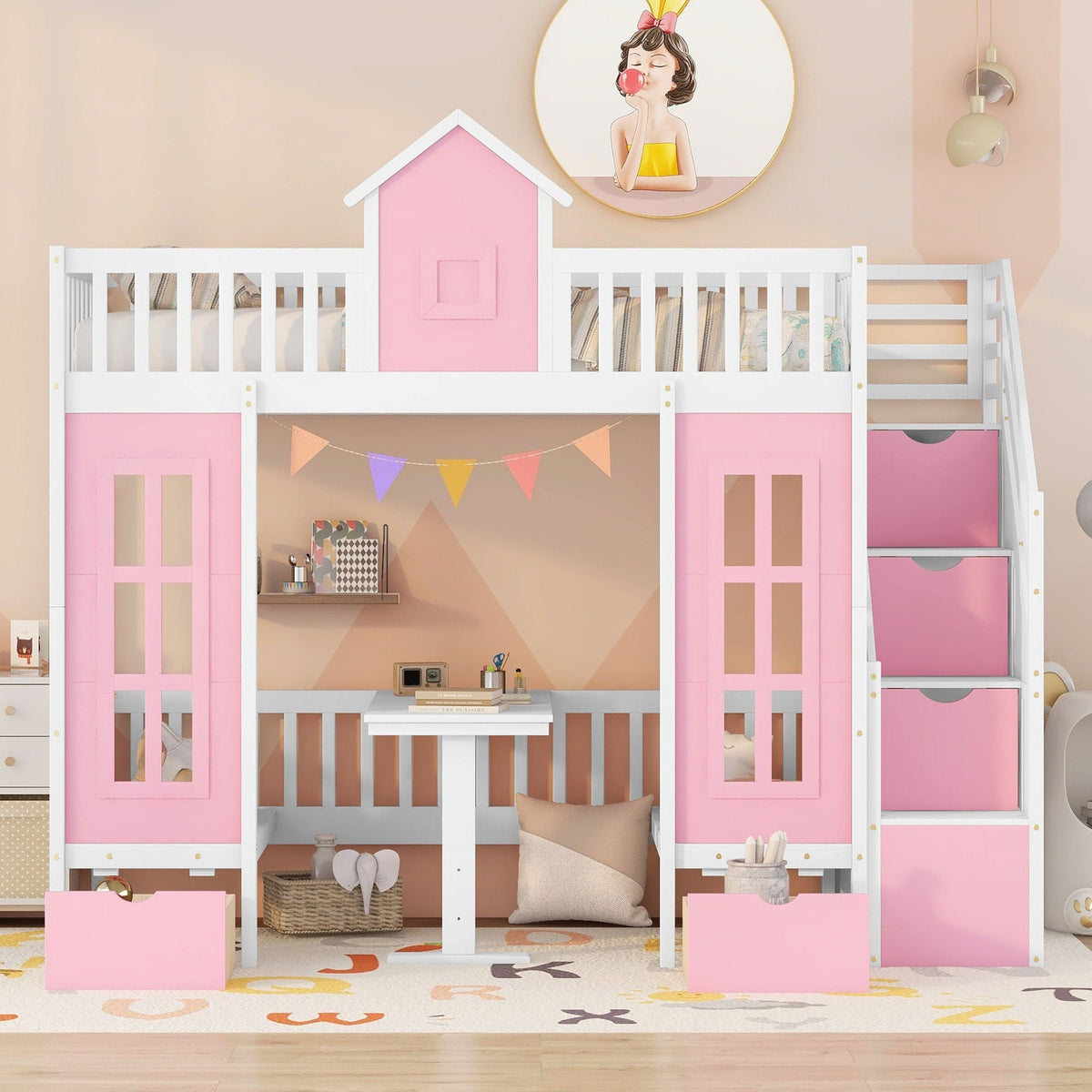 Twin over twin bunk bed by HouseOfZazla with white frame and pink panels and desk on Tampa Home & Garden Store