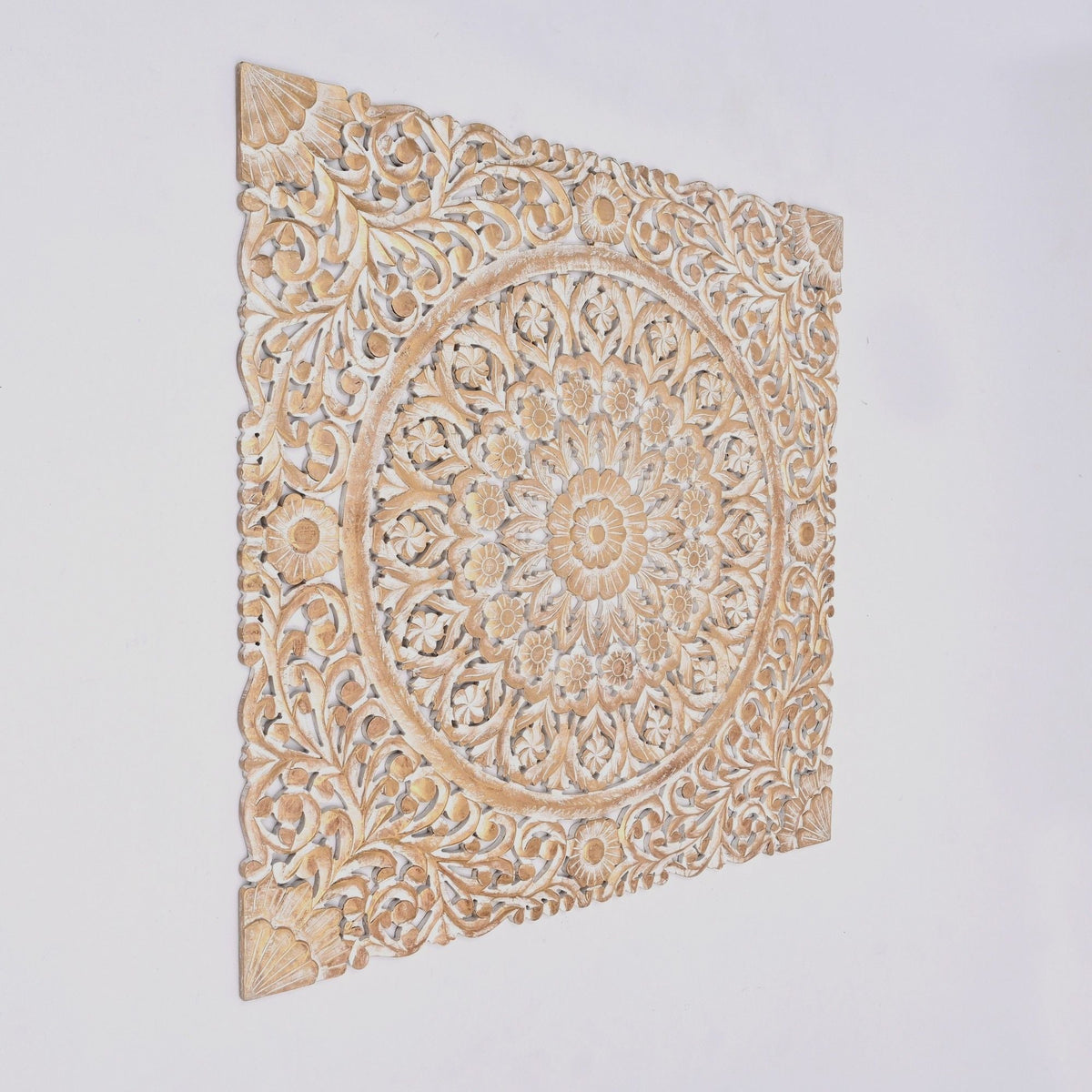 Floral hand carved mandala wall decor panel gold and white, distressed finish HouseOfZazla on Tampa Home & Garden Store