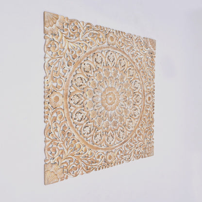 Floral hand carved mandala wall decor panel gold and white, distressed finish HouseOfZazla on Tampa Home & Garden Store