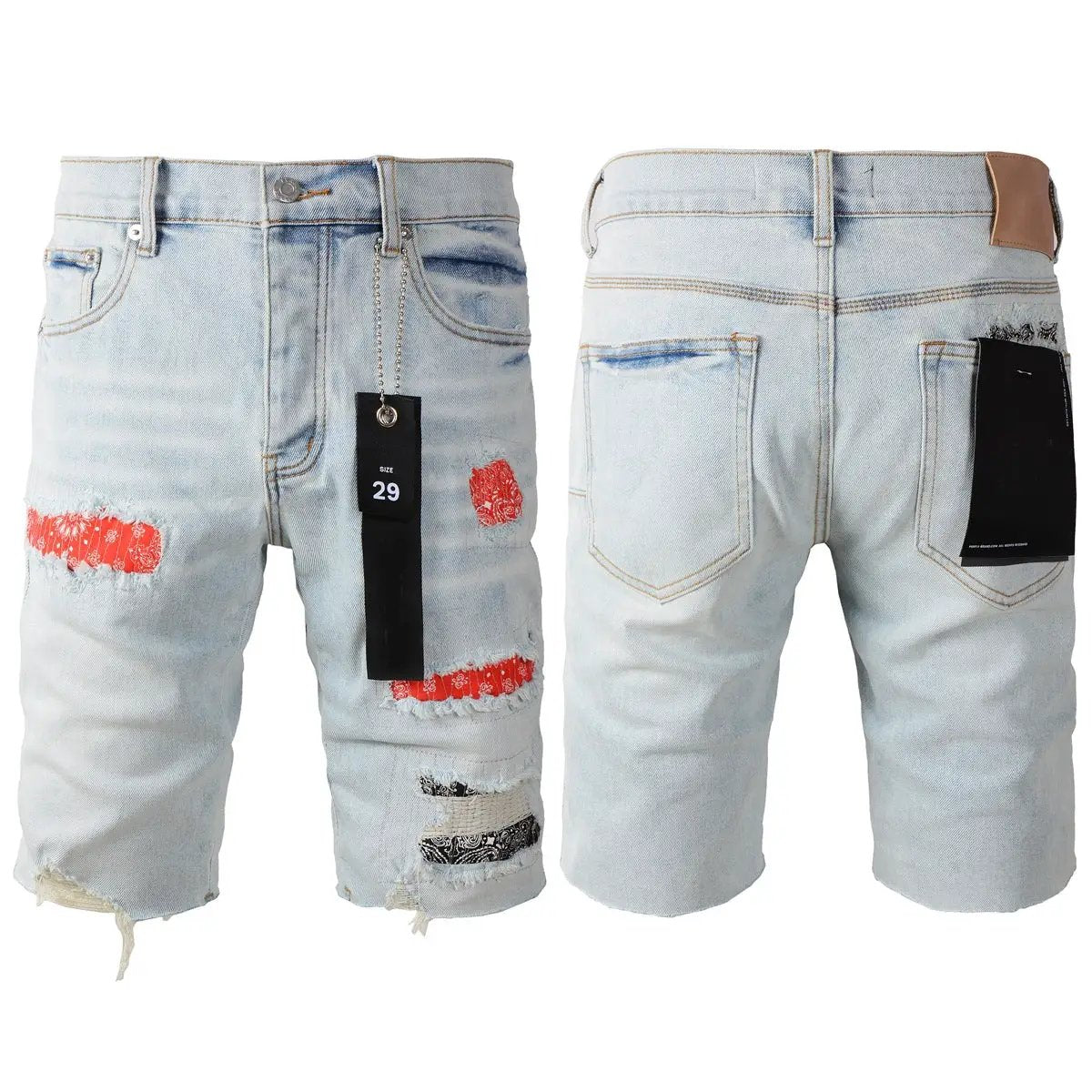 Personal Leisure Washed Light Denim Jeans Shorts with red distressed patches and frayed hems on Tampa Home & Garden Store