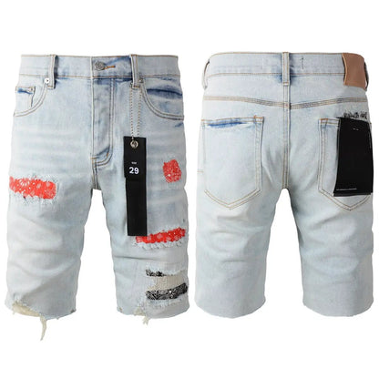 Personal Leisure Washed Light Denim Jeans Shorts with red distressed patches and frayed hems on Tampa Home & Garden Store