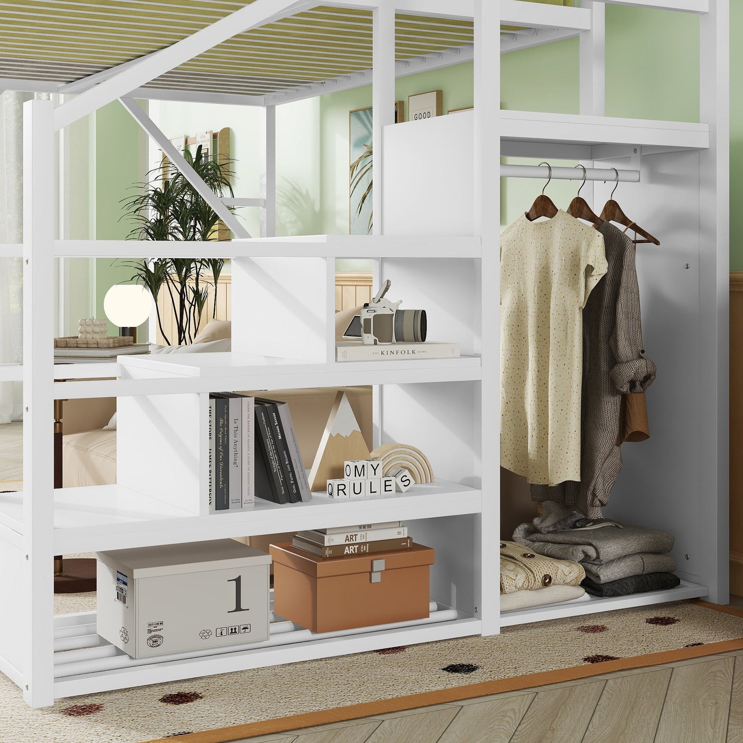 Queen size loft bed with stairs, white metal frame, storage shelves and hanging rod on Tampa Home & Garden Store