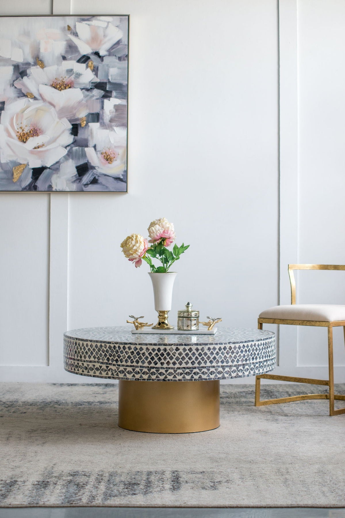 The Capiz Coffee Table with Pedestal Base, round capiz mosaic top on a gold pedestal on Tampa Home & Garden Store