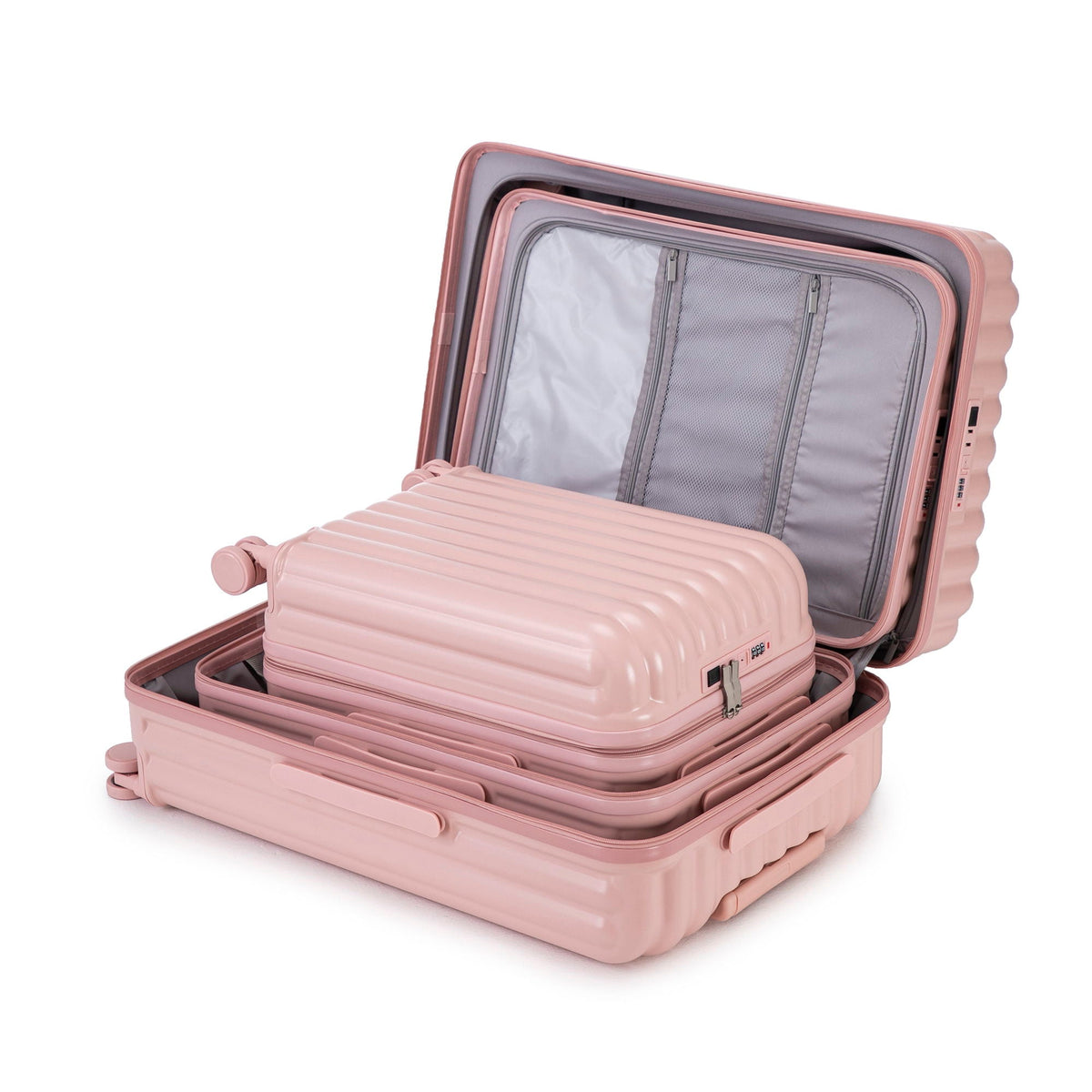 Pink 3-piece spinner luggage set with grey interior compartments 20/24/28in carry-ons on Tampa Home & Garden Store