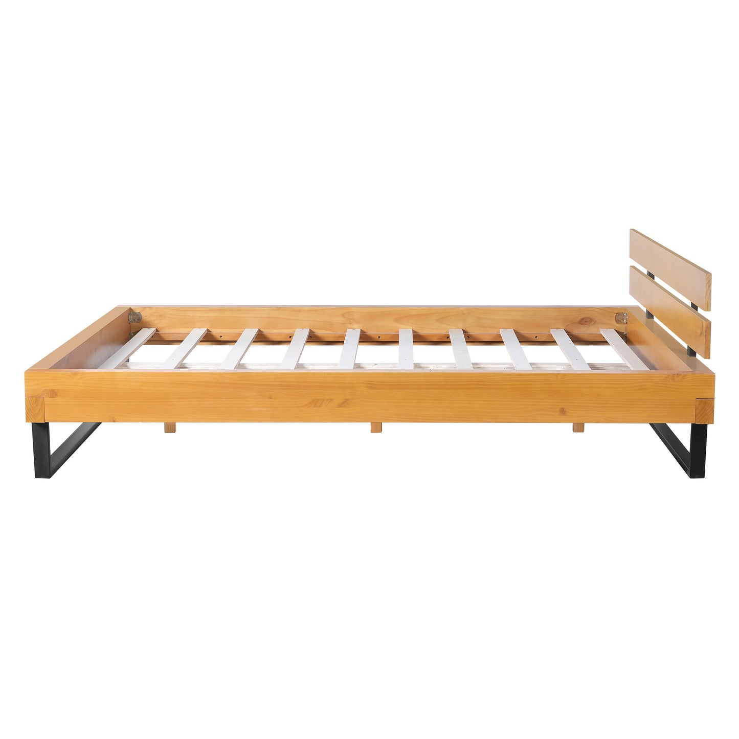 a Queen Pine Bed Frame and Black Iron Accents