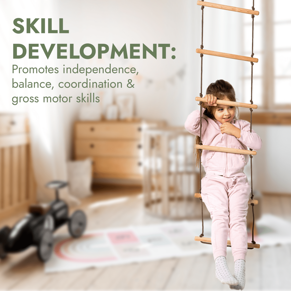 Goodevas 3in1 Swing Set rope ladder with wooden rungs, child on indoor baby swing on Tampa Home & Garden Store