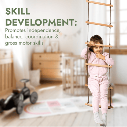 Goodevas 3in1 Swing Set rope ladder with wooden rungs, child on indoor baby swing on Tampa Home & Garden Store