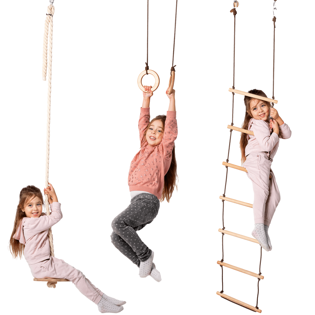 3in1 Swing Set Goodevas with rope ladder, gym rings & disc swing; natural wood rungs on Tampa Home & Garden Store