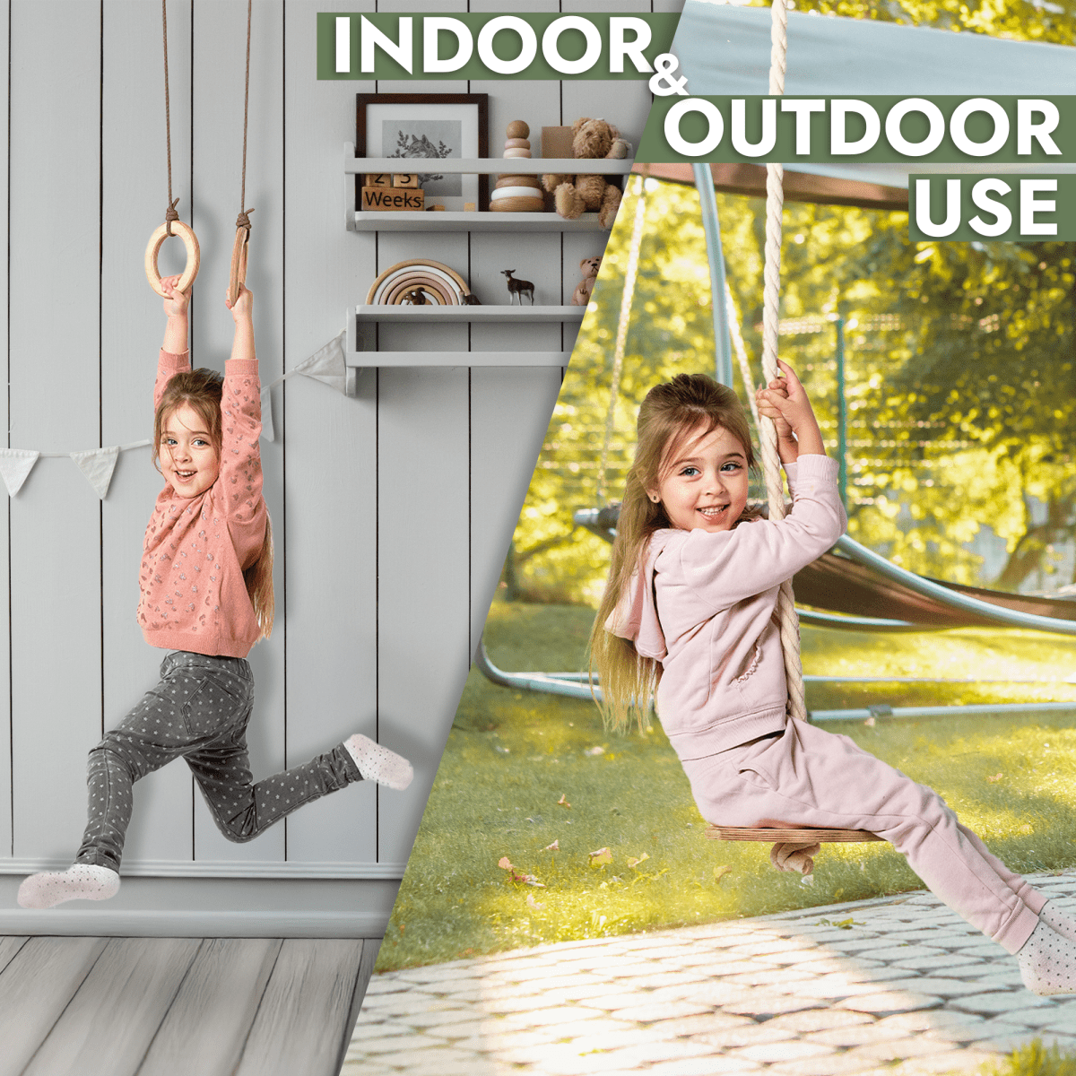 Goodevas 3in1 Swing Set indoor rope ladder, gym rings & outdoor disc swing for kids on Tampa Home & Garden Store