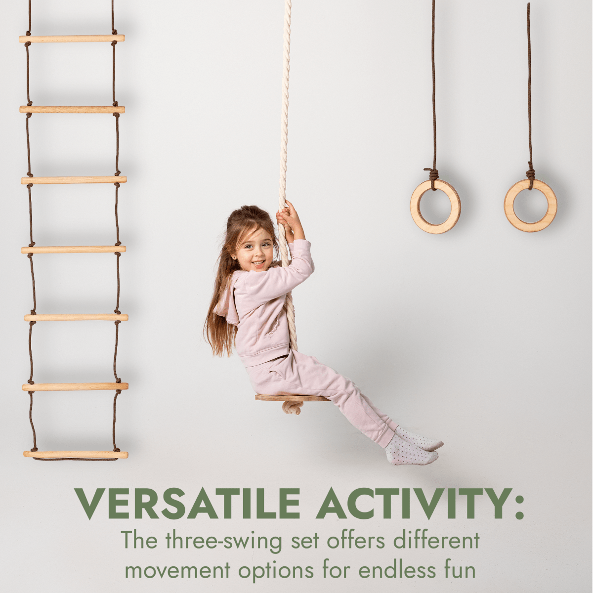 Goodevas 3in1 Swing Set with disc swing, rope ladder and two gym rings in natural wood on Tampa Home & Garden Store