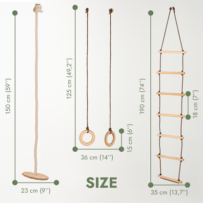 Goodevas 3in1 Swing Set with disc swing, two gym rings and rope ladder natural wood rungs on Tampa Home & Garden Store