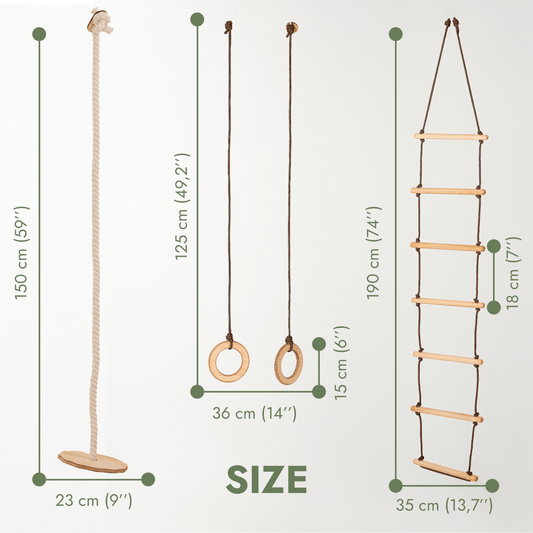 Goodevas 3in1 Swing Set with disc swing, two gym rings and rope ladder natural wood rungs on Tampa Home & Garden Store