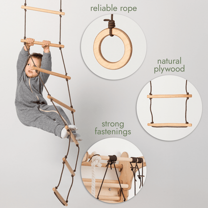 3in1 Swing Set by Goodevas: rope ladder, gym rings and disc swing with natural plywood on Tampa Home & Garden Store