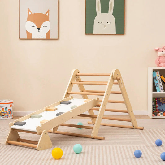 3-in-1 Pikler triangle climbing set with ramp in natural wood for kids play on Tampa Home & Garden Store