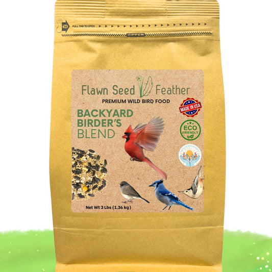 Backyard Birder's Wild Bird Seed Blend brown bag from Flawn Seed Kits; label and birds on Tampa Home & Garden Store