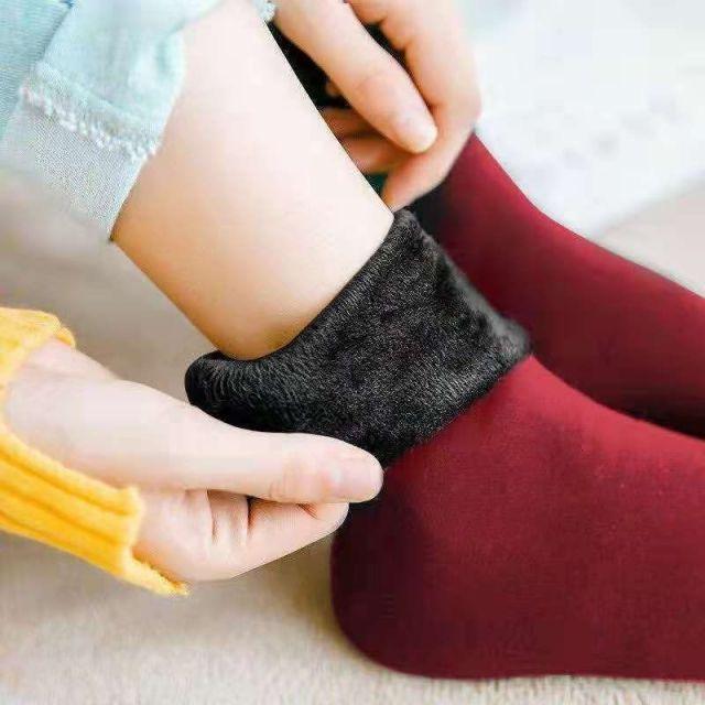 Womens burgundy thickened crew socks with black cuff, wool-cashmere blend, velvet home wear on Tampa Home & Garden Store