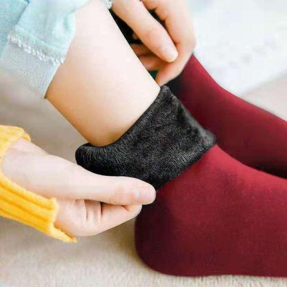 Womens burgundy thickened crew socks with black cuff, wool-cashmere blend, velvet home wear on Tampa Home & Garden Store