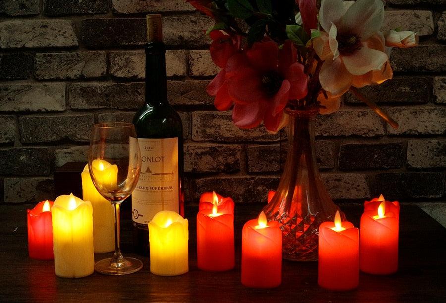 Stevvex LED flameless candles red, orange, yellow plastic set with warm flames on a table on Tampa Home & Garden Store