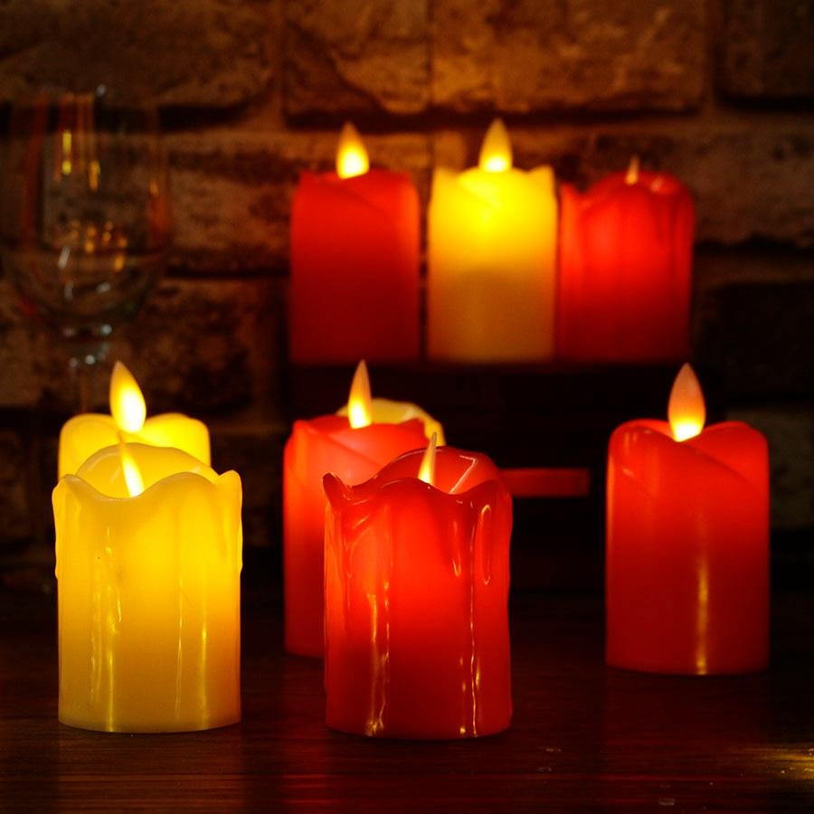 Stevvex LED flameless candles, battery-operated plastic with simulated flames, yellow/red decor on Tampa Home & Garden Store