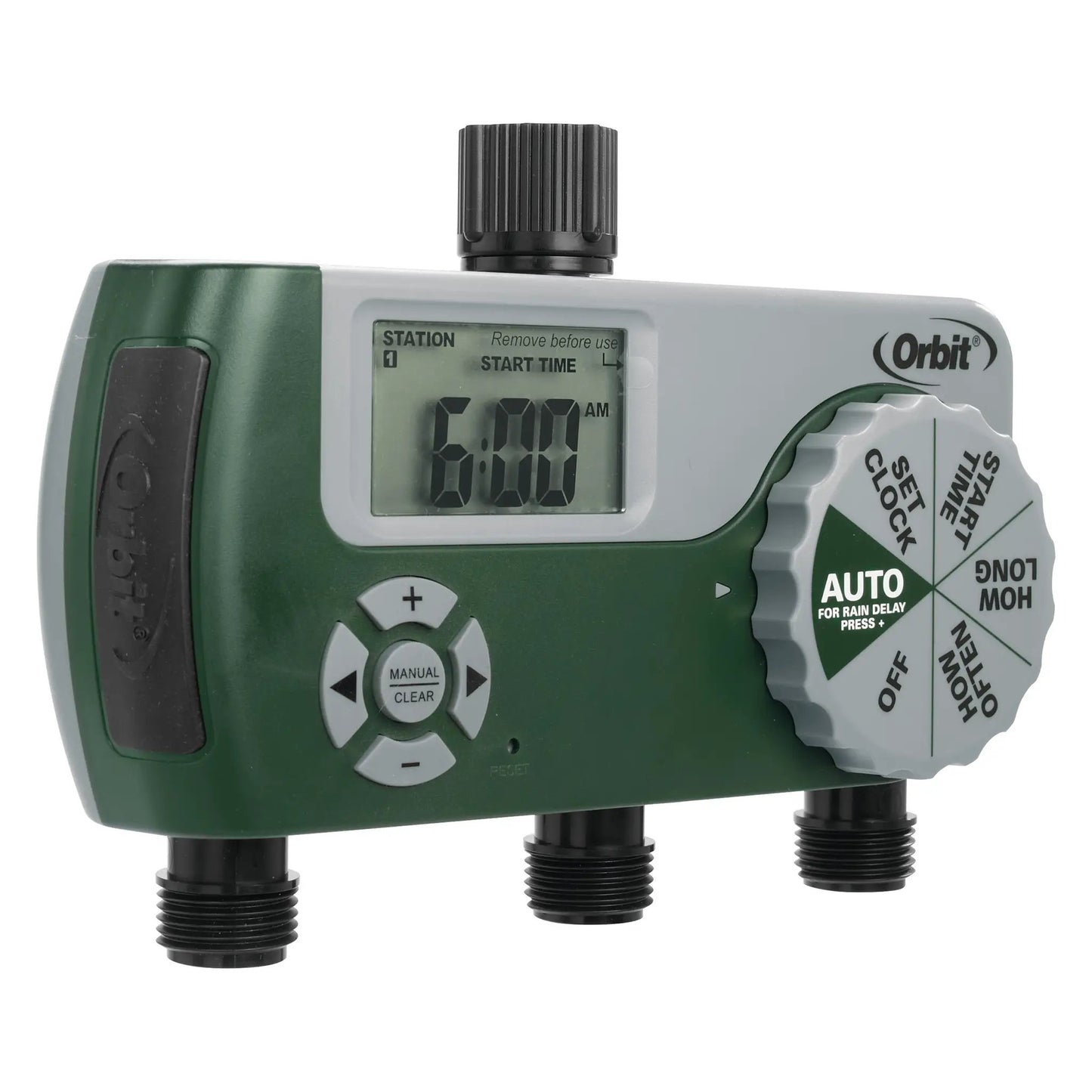 Three Outlet Hose Timer with Digital Display by Orbit Irrigation; green unit with three outlets on Tampa Home & Garden Store