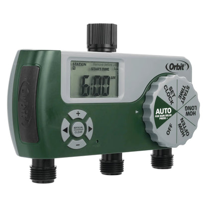 Three Outlet Hose Timer with Digital Display by Orbit Irrigation; green unit with three outlets on Tampa Home & Garden Store