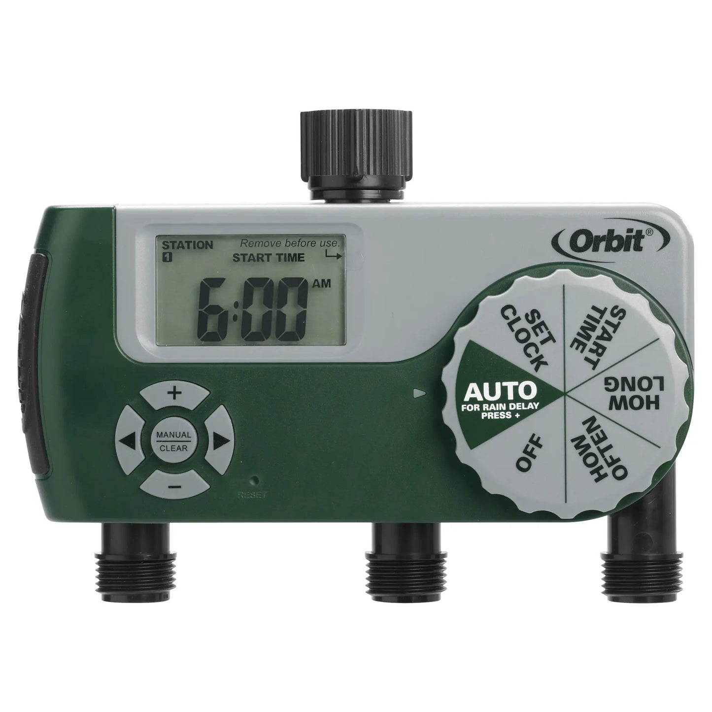 Three Outlet Hose Timer with Digital Display, Orbit Irrigation green unit with three hose ports on Tampa Home & Garden Store