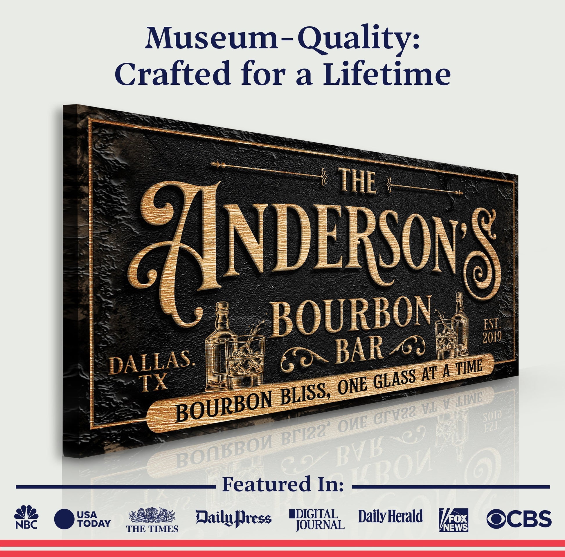 Canvas sign Personalized Bourbon Bar III with black background gold lettering Tailored Canvases on Tampa Home & Garden Store