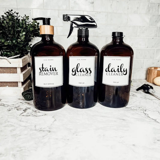 32oz amber glass dispenser set Gia Roma stainremover pump, glasscleaner spray, dailycleaner on Tampa Home & Garden Store