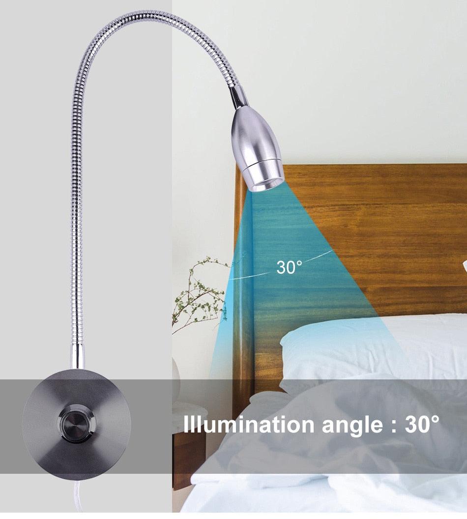 3W Dimmable Wall Reading Lamp with silver gooseneck, Stevvex bedside wall sconce, 30° beam on Tampa Home & Garden Store
