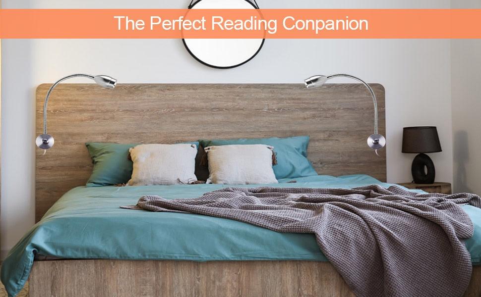 Stevvex 3W dimmable LED wall reading lamp pair, silver gooseneck bedside lamps on headboard on Tampa Home & Garden Store