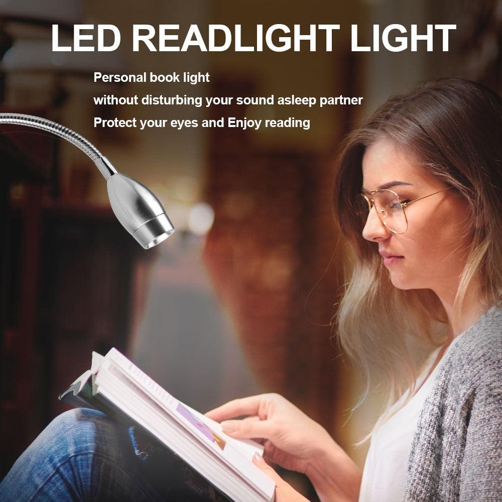 Stevvex 3W dimmable LED wall reading lamp with flexible gooseneck over a reader on Tampa Home & Garden Store