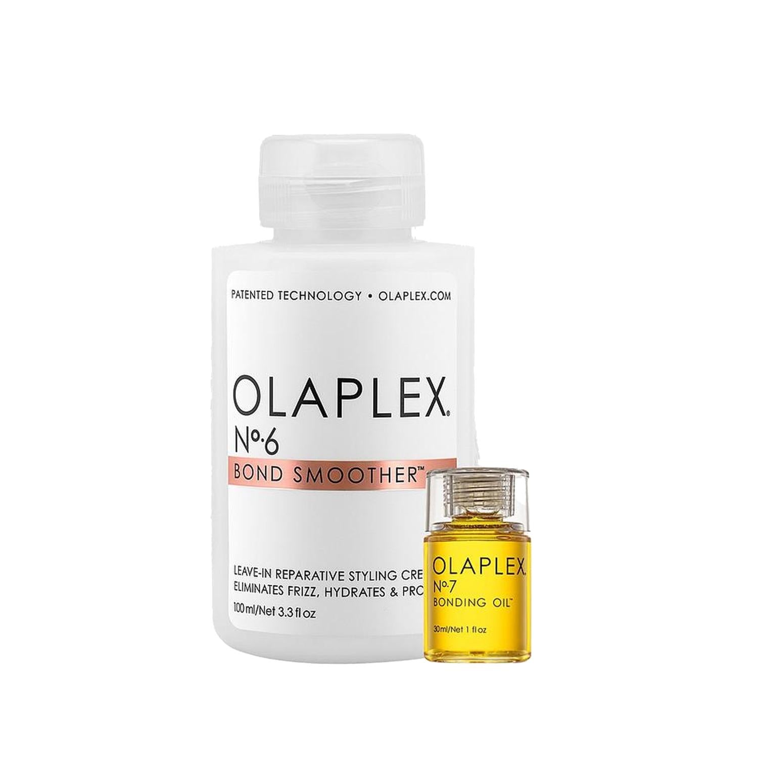 Olaplex hair care set featuring No.6 Bond Smoother white bottle and No.7 Bonding Oil miniature on Tampa Home & Garden Store