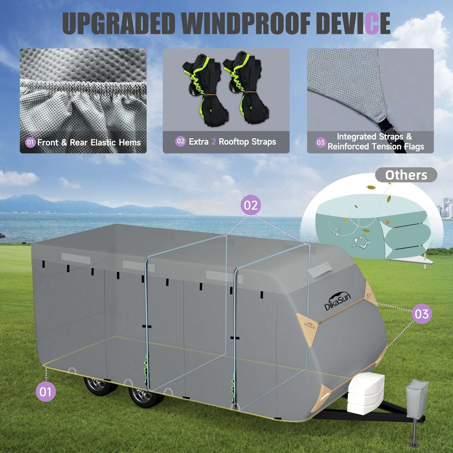 Dikasun Outdoor 7-layer travel trailer RV cover in gray with windproof straps and Dikasun logo on Tampa Home & Garden Store