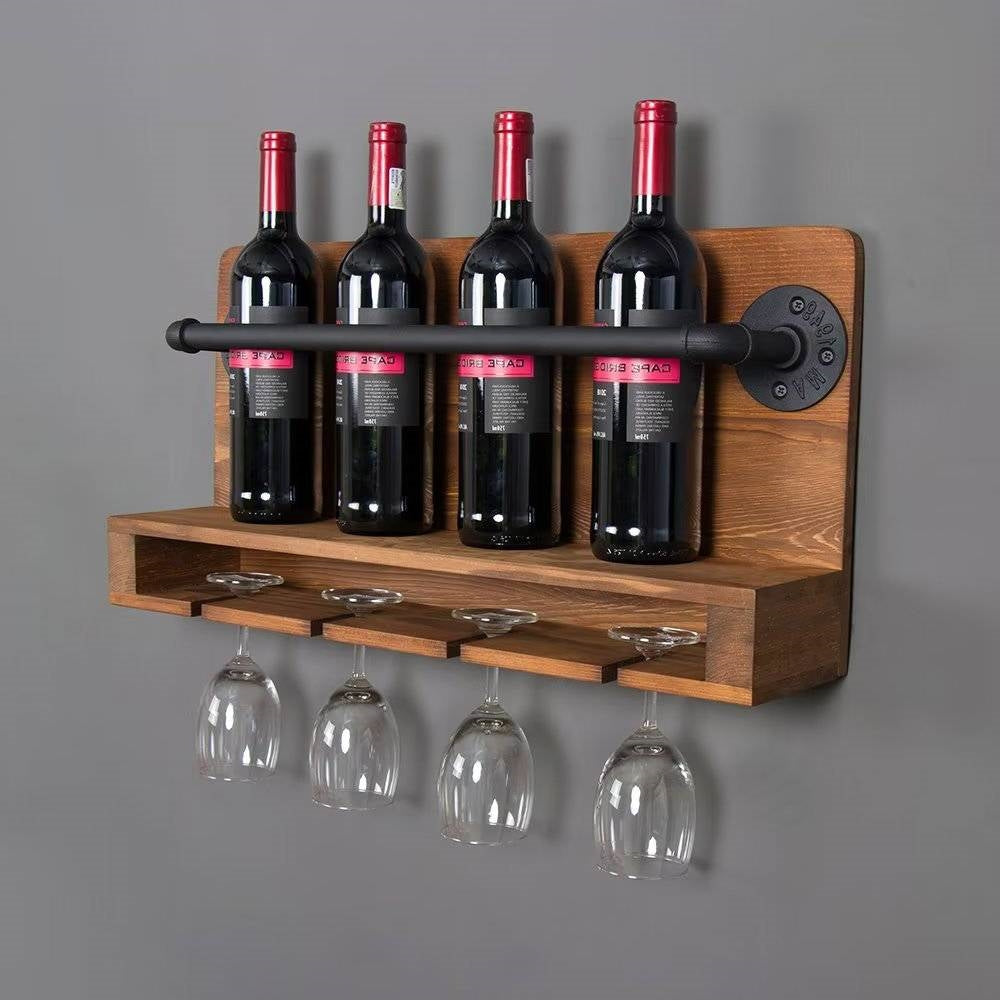 4 Bottle Rustic Farmhouse Wall Mounted Wine Rack with Glass Holder - Tampa Home & Garden Store