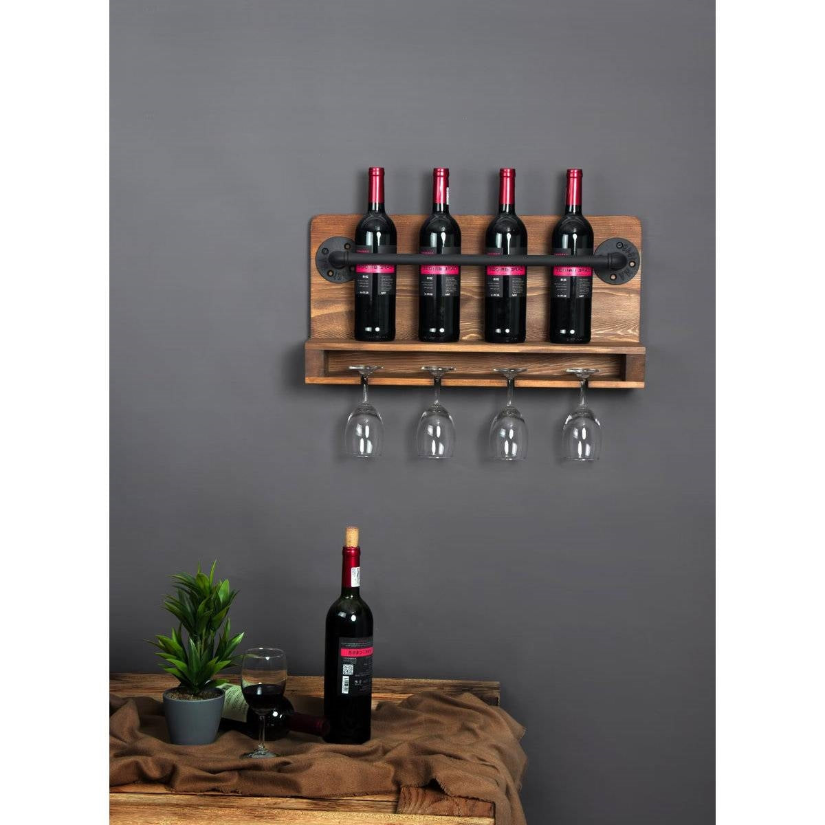 4 Bottle Rustic Farmhouse Wall Mounted Wine Rack with Glass Holder - Tampa Home & Garden Store