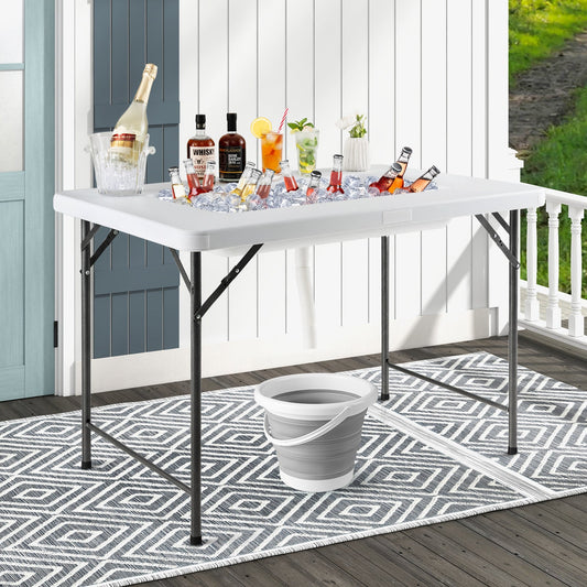 4 Feet Folding Ice Bin Table with Skirt for Camping Picnic Wedding with Ice Bucket-White - Tampa Home & Garden Store