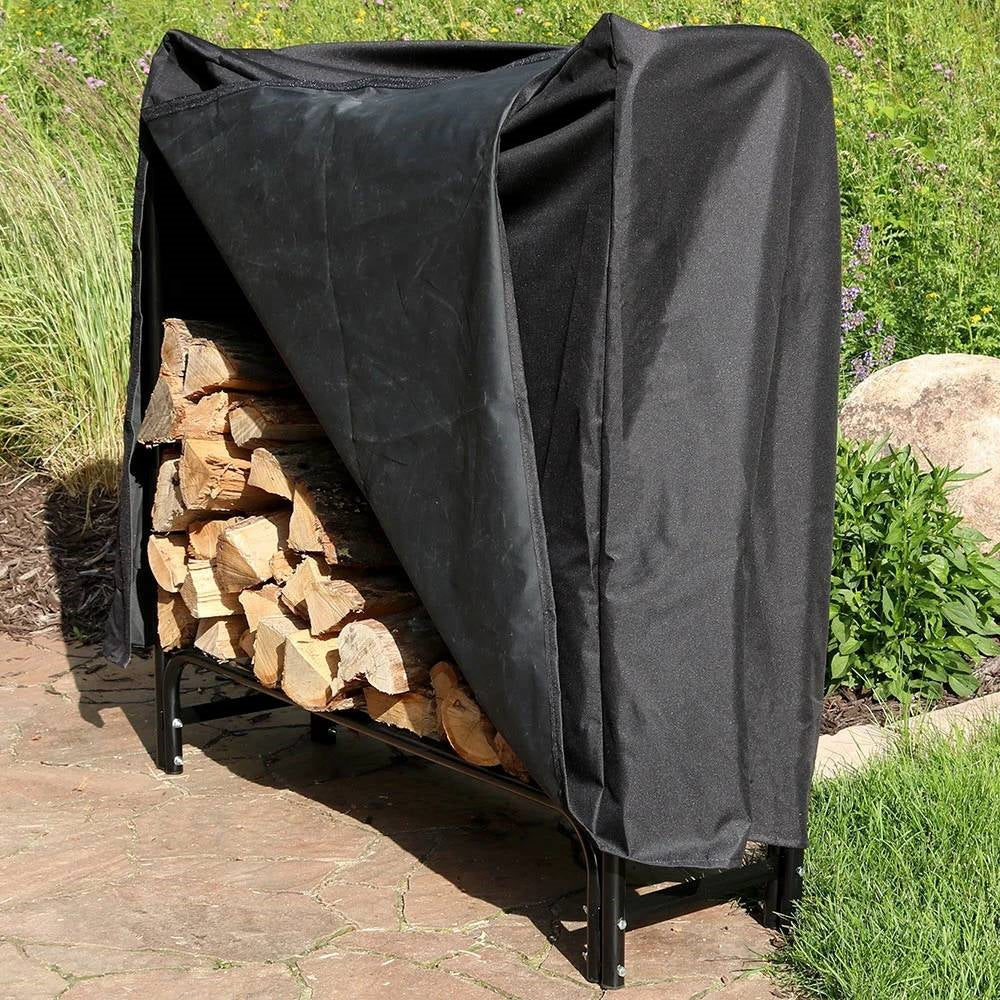 4-Ft Indoor Outdoor Black Metal Firewood Holder Log Rack with Cover - Tampa Home & Garden Store