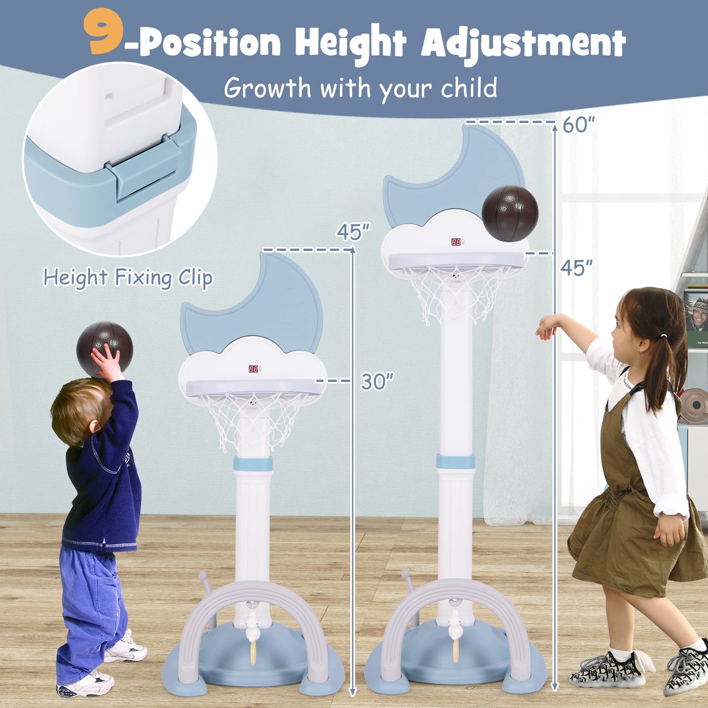 4-In-1 Kids Basketball Hoop with Moon-shaped Electronic Scoreboard and Play Set-Blue