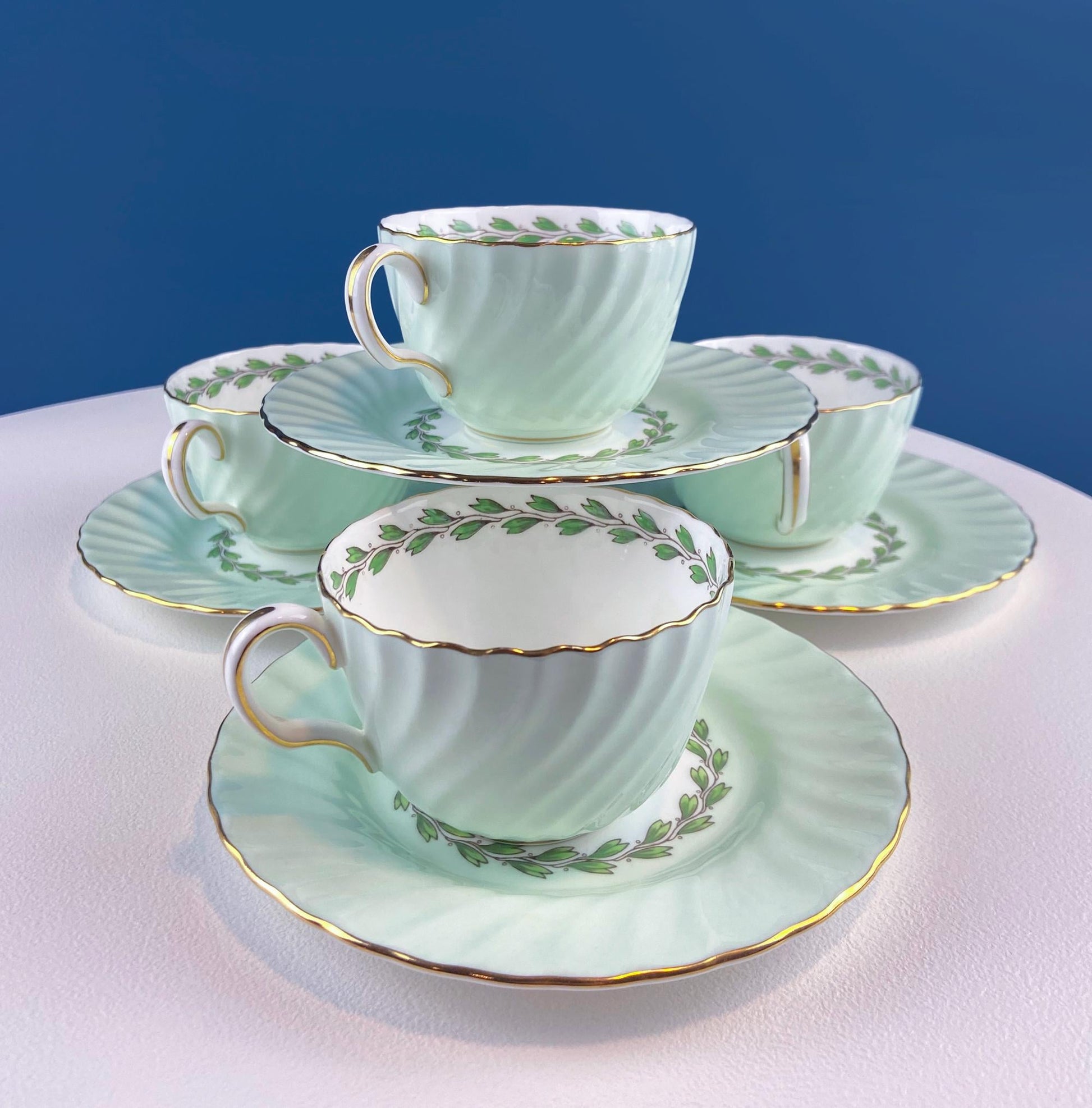 4 Minton Porcelain Cups and Saucers. Creamy Green & White Set with Delicate Leaf Garland Motif. Dining Room Table Decor. French Country. - Tampa Home & Garden Store