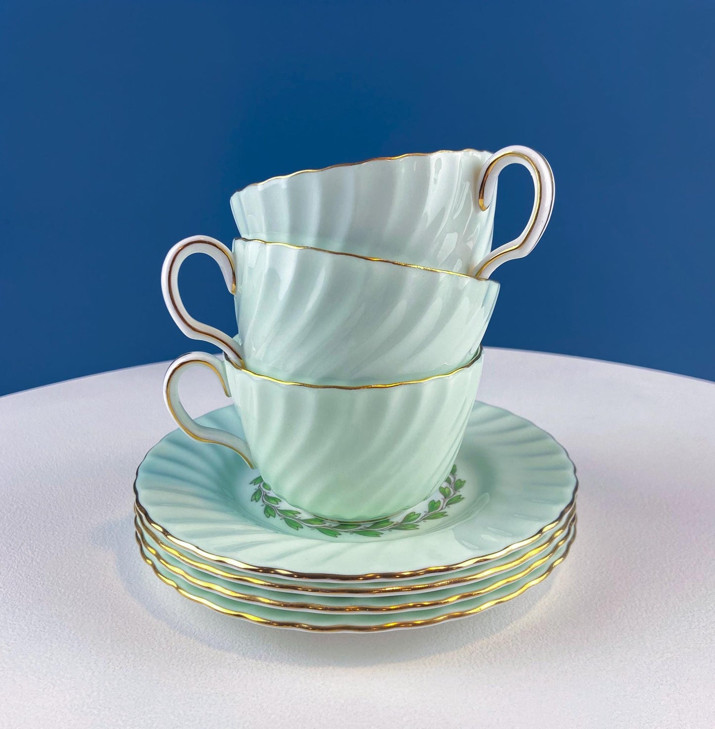 4 Minton Porcelain Cups and Saucers. Creamy Green & White Set with Delicate Leaf Garland Motif. Dining Room Table Decor. French Country. - Tampa Home & Garden Store