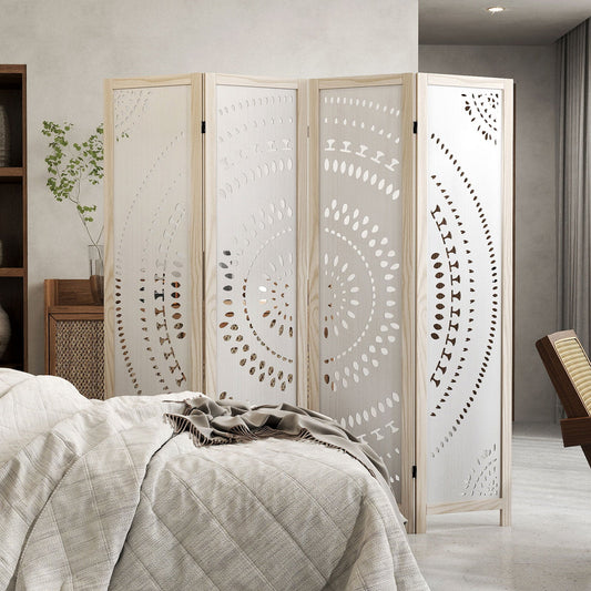 66 Inch Boho 4-Panel Room Divider Privacy Screen with Carved Pattern - Tampa Home & Garden Store
